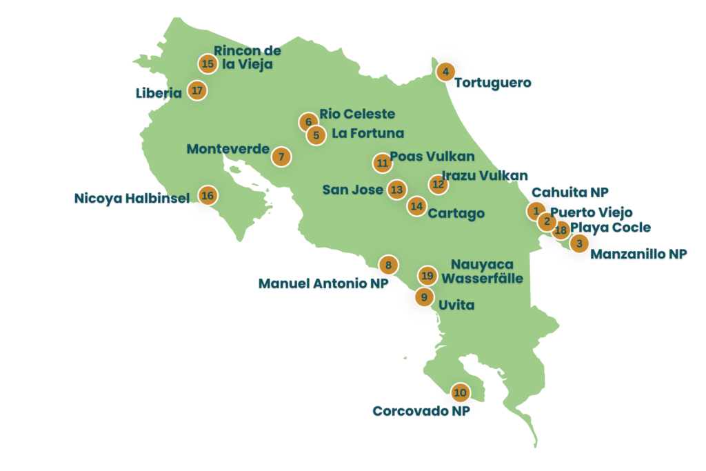 Karte aller Sehenswürdigkeiten und Orte in Costa Rica